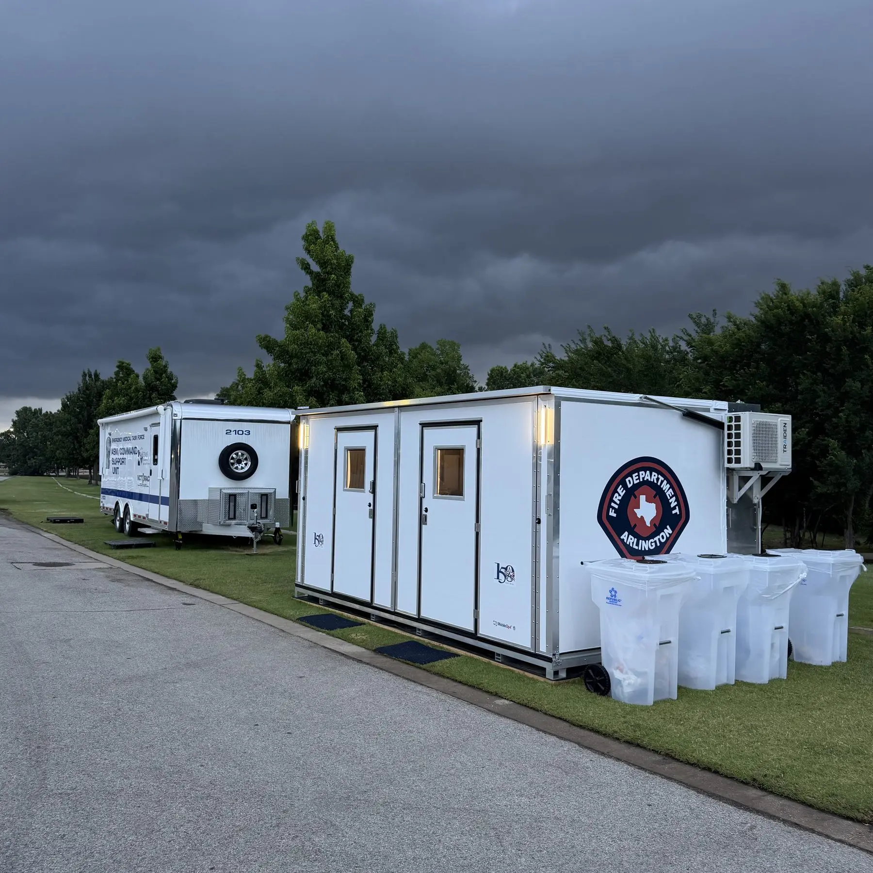 MobileOp4 unit staged in Arlington for the 2026 World Cup under a dramatic sky